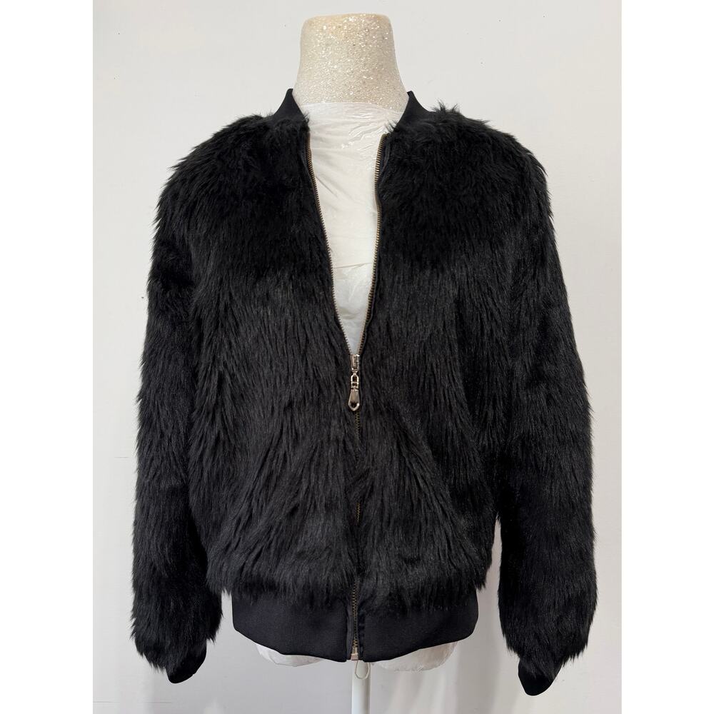 Say What womens black faux fur bomber jacket sz M whimsigoth dark romantic black